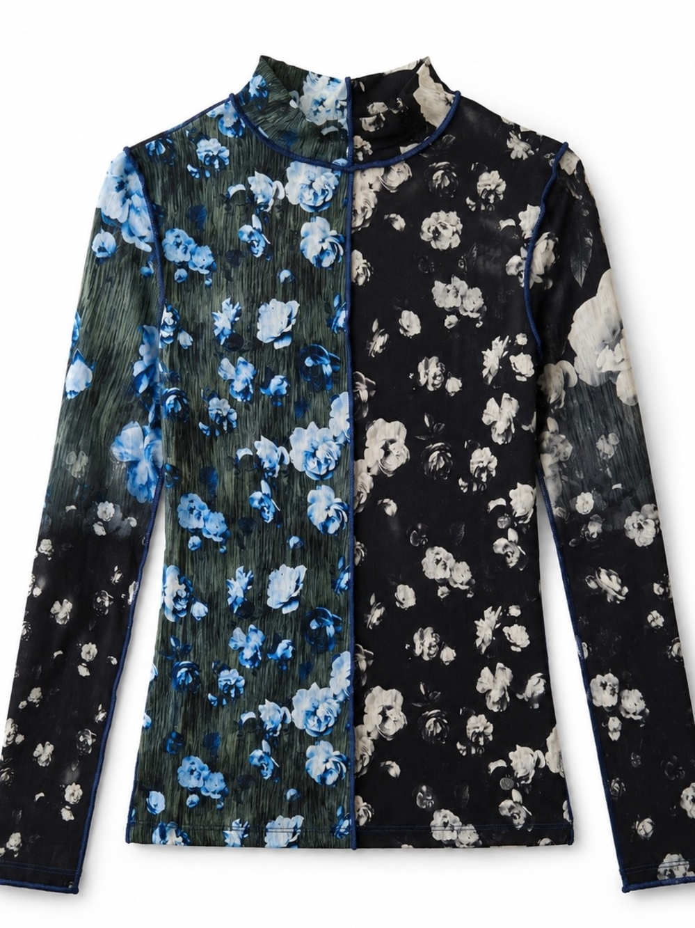 Desigual Two-Tone Blue and Black Floral Long-Sleeve Top
